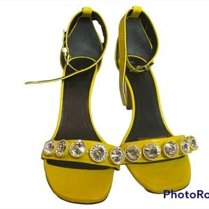 Yellow Celine Paris Leather Stiletto Heeled Sandals with Crystal Embellishments